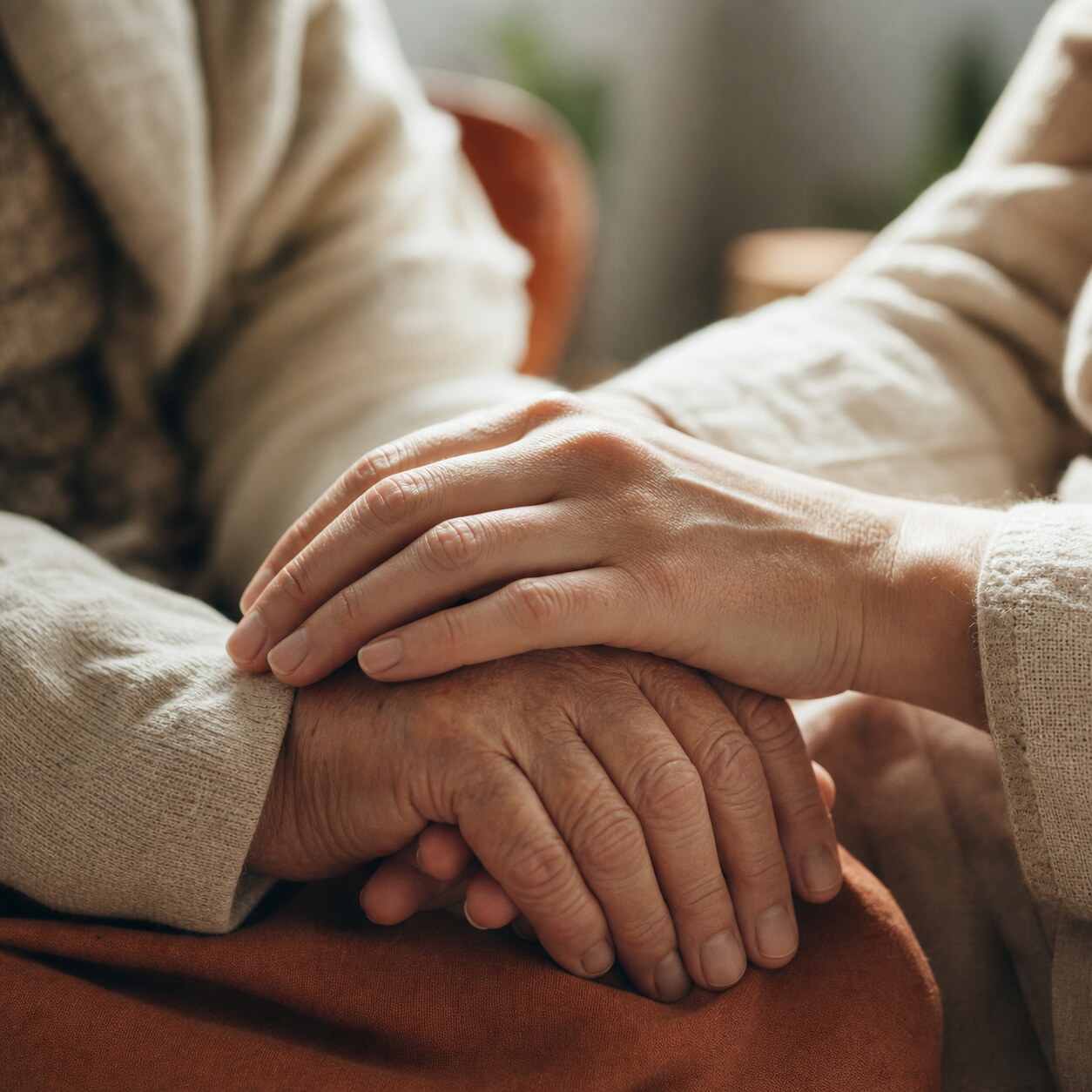 Opiekunka trzyma dłoń seniorki